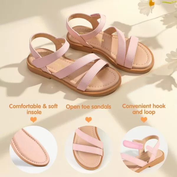 imagePANDANINJIA Girls Sandals Monica Summer Open Toe Flats Shoes Dress Sandals for Toddler Little Kid Big KidR Pink Pu