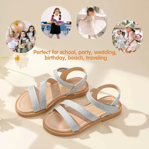 imagePANDANINJIA Girls Sandals Monica Summer Open Toe Flats Shoes Dress Sandals for Toddler Little Kid Big KidR Silver Glitter