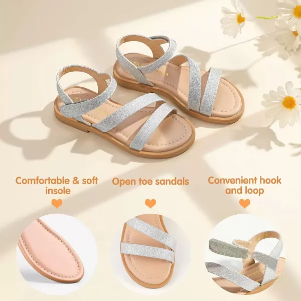 imagePANDANINJIA Girls Sandals Monica Summer Open Toe Flats Shoes Dress Sandals for Toddler Little Kid Big KidR Silver Glitter