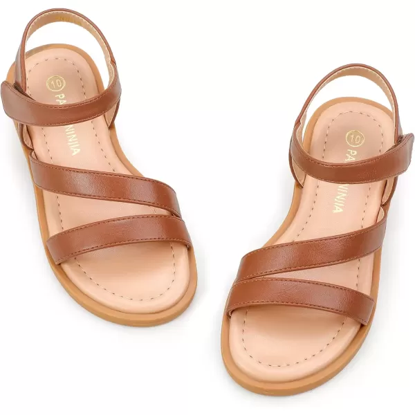 imagePANDANINJIA Girls Sandals Monica Summer Open Toe Flats Shoes Dress Sandals for Toddler Little Kid Big KidR Tan Pu