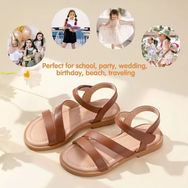 imagePANDANINJIA Girls Sandals Monica Summer Open Toe Flats Shoes Dress Sandals for Toddler Little Kid Big KidR Tan Pu