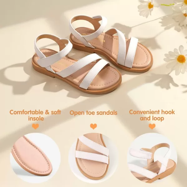 imagePANDANINJIA Girls Sandals Monica Summer Open Toe Flats Shoes Dress Sandals for Toddler Little Kid Big KidR White Pu