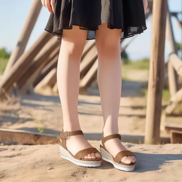imagePANDANINJIA Girls Sandals Wedge Platform Espadrille Little Big Kid Girls Heels Open Toe Summer Dress ShoesBrownnubuck