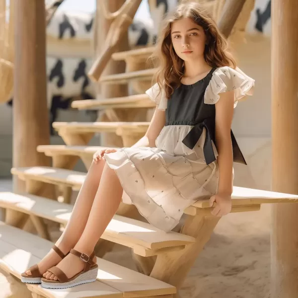 imagePANDANINJIA Girls Sandals Wedge Platform Espadrille Little Big Kid Girls Heels Open Toe Summer Dress ShoesBrownnubuck