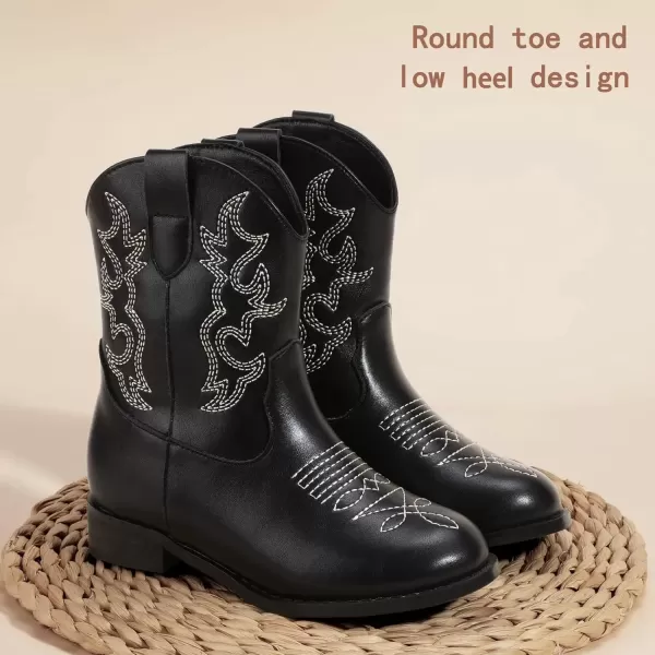 imagePANDANINJIA Girls Toddler Cowgirl Boots Riding Round Toe Boys Cowboy Boots Little Kids Short Calf Western Cowgirl BootsBlackpu