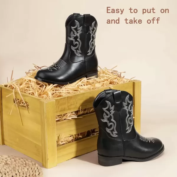imagePANDANINJIA Girls Toddler Cowgirl Boots Riding Round Toe Boys Cowboy Boots Little Kids Short Calf Western Cowgirl BootsBlackpu