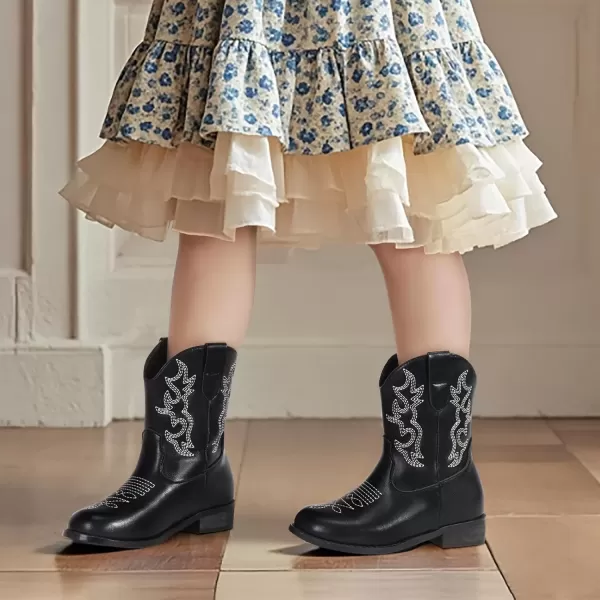 imagePANDANINJIA Girls Toddler Cowgirl Boots Riding Round Toe Boys Cowboy Boots Little Kids Short Calf Western Cowgirl BootsBlackpu
