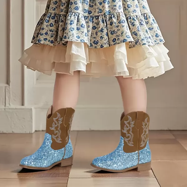 imagePANDANINJIA Girls Toddler Cowgirl Boots Riding Round Toe Boys Cowboy Boots Little Kids Short Calf Western Cowgirl BootsBluesequin