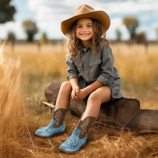 imagePANDANINJIA Girls Toddler Cowgirl Boots Riding Round Toe Boys Cowboy Boots Little Kids Short Calf Western Cowgirl BootsBluesequin