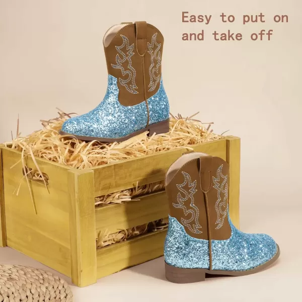 imagePANDANINJIA Girls Toddler Cowgirl Boots Riding Round Toe Boys Cowboy Boots Little Kids Short Calf Western Cowgirl BootsBluesequin