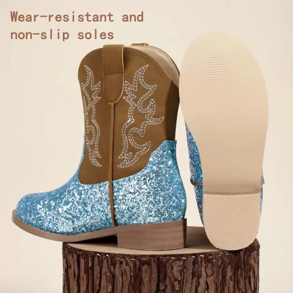 imagePANDANINJIA Girls Toddler Cowgirl Boots Riding Round Toe Boys Cowboy Boots Little Kids Short Calf Western Cowgirl BootsBluesequin