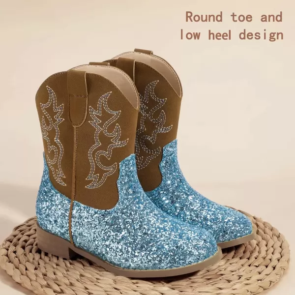 imagePANDANINJIA Girls Toddler Cowgirl Boots Riding Round Toe Boys Cowboy Boots Little Kids Short Calf Western Cowgirl BootsBluesequin