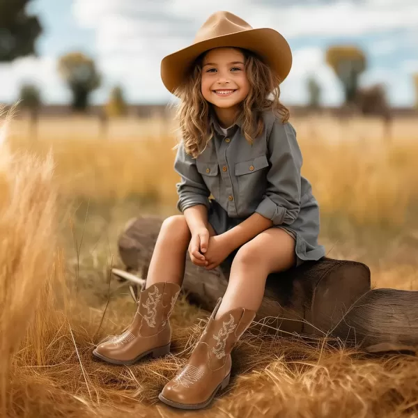 imagePANDANINJIA Girls Toddler Cowgirl Boots Riding Round Toe Boys Cowboy Boots Little Kids Short Calf Western Cowgirl BootsBrownpu
