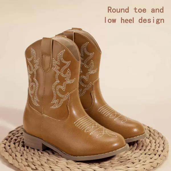 imagePANDANINJIA Girls Toddler Cowgirl Boots Riding Round Toe Boys Cowboy Boots Little Kids Short Calf Western Cowgirl BootsBrownpu