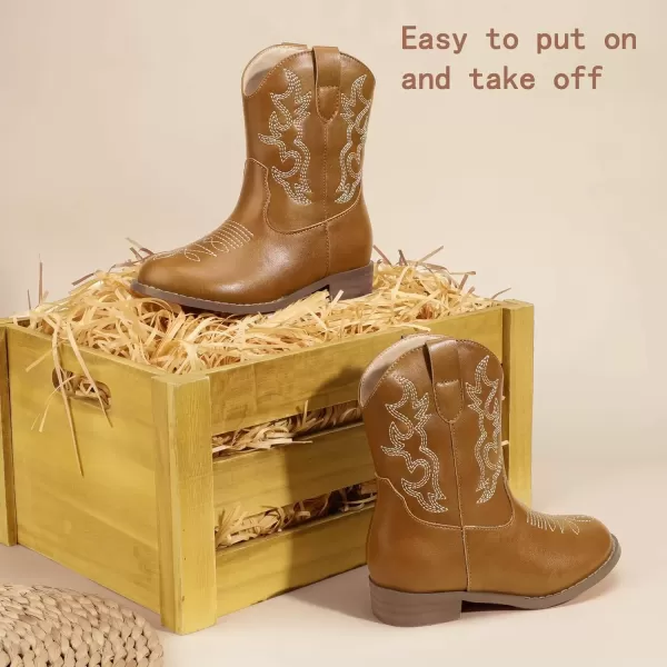 imagePANDANINJIA Girls Toddler Cowgirl Boots Riding Round Toe Boys Cowboy Boots Little Kids Short Calf Western Cowgirl BootsBrownpu