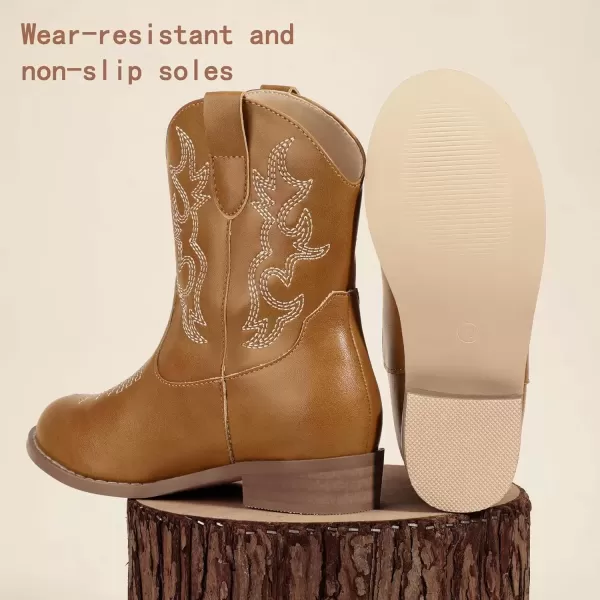 imagePANDANINJIA Girls Toddler Cowgirl Boots Riding Round Toe Boys Cowboy Boots Little Kids Short Calf Western Cowgirl BootsBrownpu