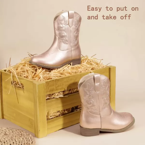imagePANDANINJIA Girls Toddler Cowgirl Boots Riding Round Toe Boys Cowboy Boots Little Kids Short Calf Western Cowgirl BootsChampagnepu