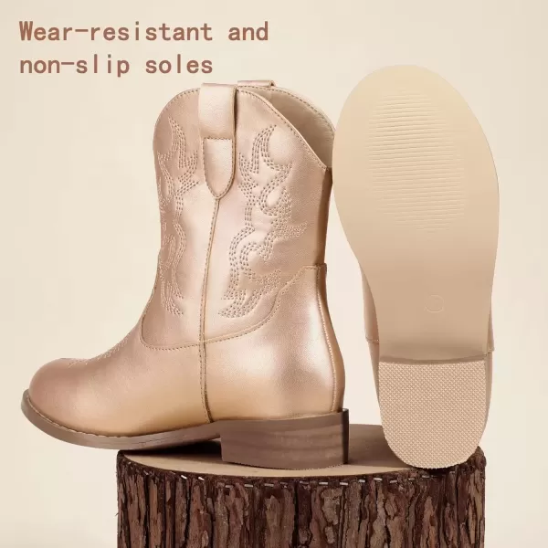 imagePANDANINJIA Girls Toddler Cowgirl Boots Riding Round Toe Boys Cowboy Boots Little Kids Short Calf Western Cowgirl BootsChampagnepu