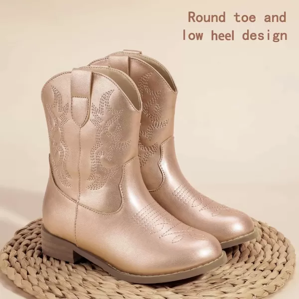 imagePANDANINJIA Girls Toddler Cowgirl Boots Riding Round Toe Boys Cowboy Boots Little Kids Short Calf Western Cowgirl BootsChampagnepu
