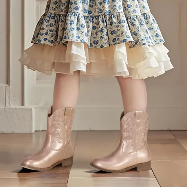 imagePANDANINJIA Girls Toddler Cowgirl Boots Riding Round Toe Boys Cowboy Boots Little Kids Short Calf Western Cowgirl BootsChampagnepu