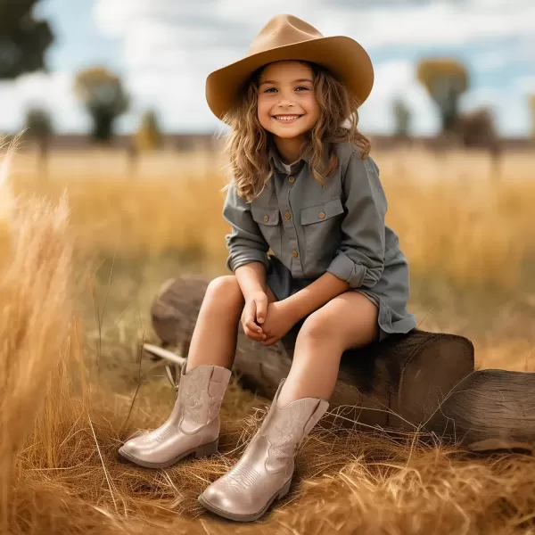 imagePANDANINJIA Girls Toddler Cowgirl Boots Riding Round Toe Boys Cowboy Boots Little Kids Short Calf Western Cowgirl BootsChampagnepu