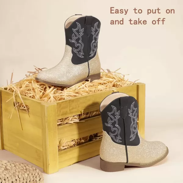 imagePANDANINJIA Girls Toddler Cowgirl Boots Riding Round Toe Boys Cowboy Boots Little Kids Short Calf Western Cowgirl BootsGoldglitter