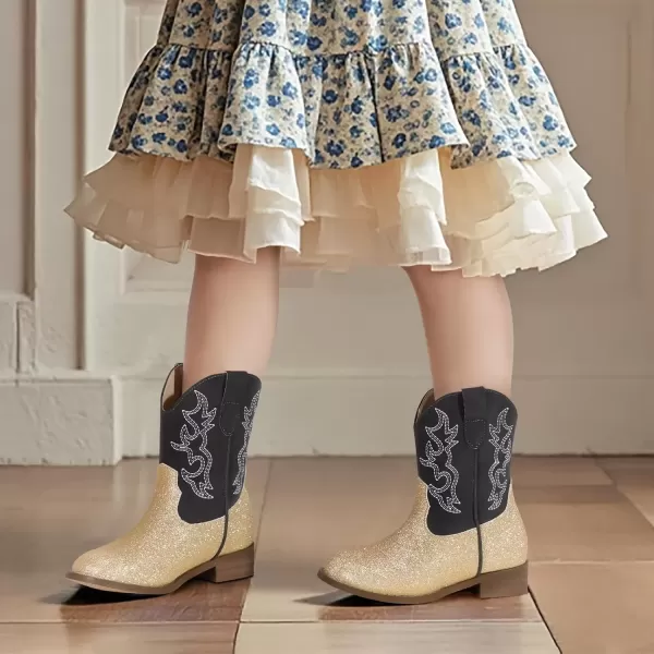 imagePANDANINJIA Girls Toddler Cowgirl Boots Riding Round Toe Boys Cowboy Boots Little Kids Short Calf Western Cowgirl BootsGoldglitter