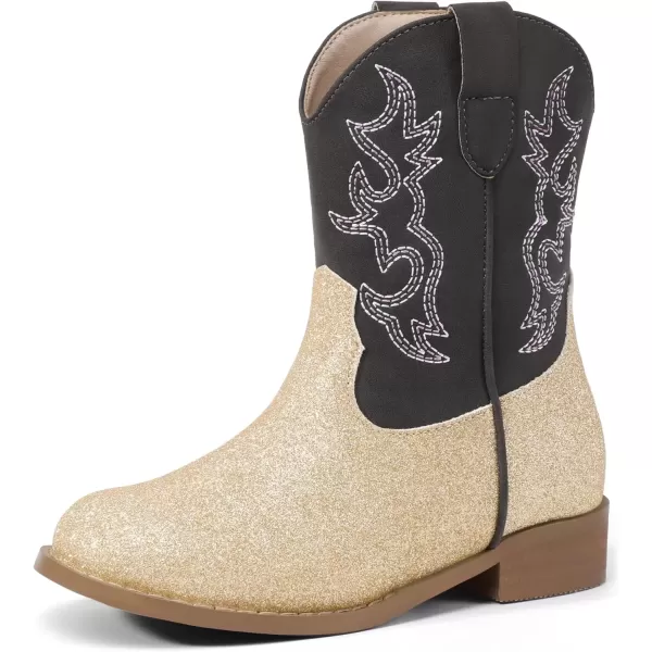 imagePANDANINJIA Girls Toddler Cowgirl Boots Riding Round Toe Boys Cowboy Boots Little Kids Short Calf Western Cowgirl BootsGoldglitter