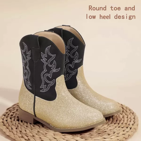 imagePANDANINJIA Girls Toddler Cowgirl Boots Riding Round Toe Boys Cowboy Boots Little Kids Short Calf Western Cowgirl BootsGoldglitter