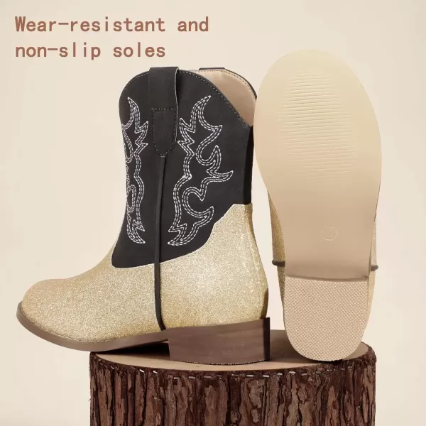 imagePANDANINJIA Girls Toddler Cowgirl Boots Riding Round Toe Boys Cowboy Boots Little Kids Short Calf Western Cowgirl BootsGoldglitter