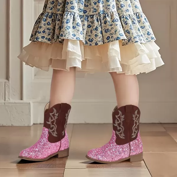 imagePANDANINJIA Girls Toddler Cowgirl Boots Riding Round Toe Boys Cowboy Boots Little Kids Short Calf Western Cowgirl BootsPinksequin