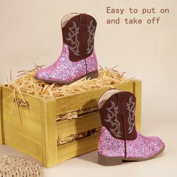 imagePANDANINJIA Girls Toddler Cowgirl Boots Riding Round Toe Boys Cowboy Boots Little Kids Short Calf Western Cowgirl BootsPinksequin