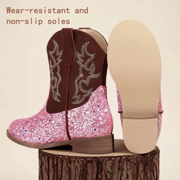 imagePANDANINJIA Girls Toddler Cowgirl Boots Riding Round Toe Boys Cowboy Boots Little Kids Short Calf Western Cowgirl BootsPinksequin