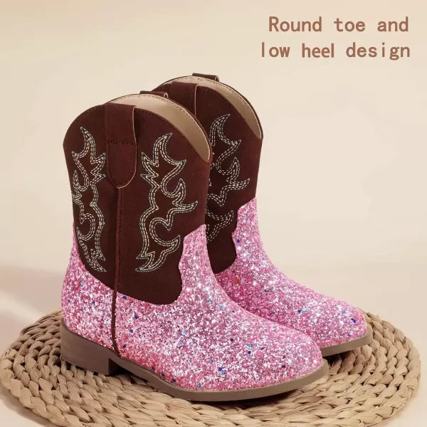 imagePANDANINJIA Girls Toddler Cowgirl Boots Riding Round Toe Boys Cowboy Boots Little Kids Short Calf Western Cowgirl BootsPinksequin