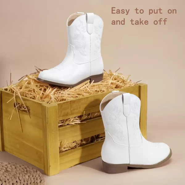 imagePANDANINJIA Girls Toddler Cowgirl Boots Riding Round Toe Boys Cowboy Boots Little Kids Short Calf Western Cowgirl BootsWhitepu