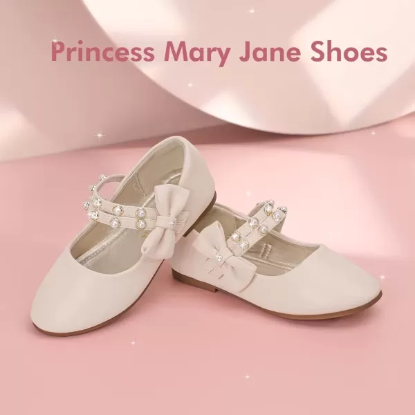 imagePANDANINJIA Toddler Girls Dress Shoes Pearls Bow Ballet Flats Flower Girl Shoes for Wedding Party School Communion ShoesBeige Pu