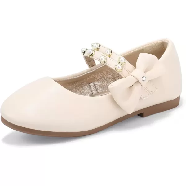 imagePANDANINJIA Toddler Girls Dress Shoes Pearls Bow Ballet Flats Flower Girl Shoes for Wedding Party School Communion ShoesBeige Pu