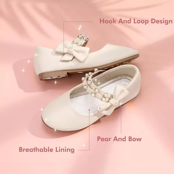 imagePANDANINJIA Toddler Girls Dress Shoes Pearls Bow Ballet Flats Flower Girl Shoes for Wedding Party School Communion ShoesBeige Pu