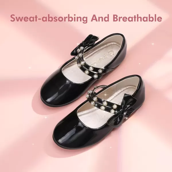 imagePANDANINJIA Toddler Girls Dress Shoes Pearls Bow Ballet Flats Flower Girl Shoes for Wedding Party School Communion ShoesBlack Patent