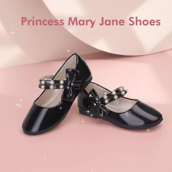 imagePANDANINJIA Toddler Girls Dress Shoes Pearls Bow Ballet Flats Flower Girl Shoes for Wedding Party School Communion ShoesBlack Patent