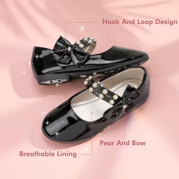 imagePANDANINJIA Toddler Girls Dress Shoes Pearls Bow Ballet Flats Flower Girl Shoes for Wedding Party School Communion ShoesBlack Patent