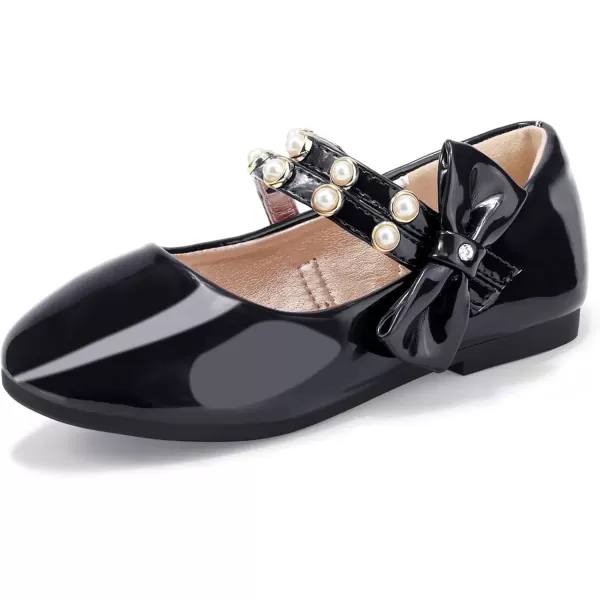 imagePANDANINJIA Toddler Girls Dress Shoes Pearls Bow Ballet Flats Flower Girl Shoes for Wedding Party School Communion ShoesBlack Patent