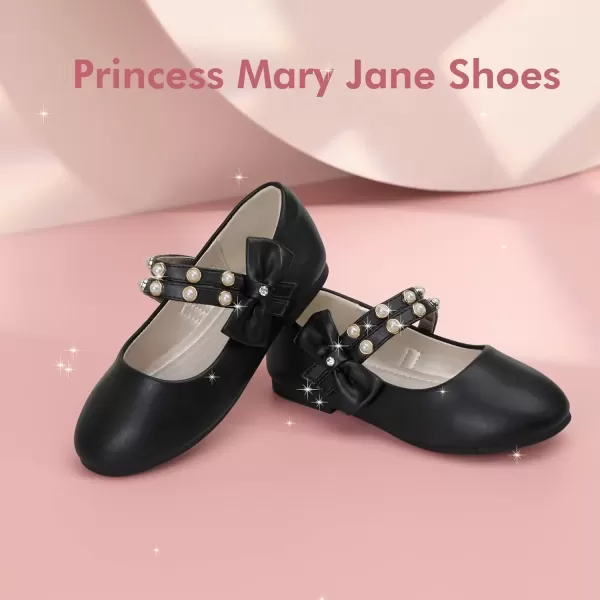 imagePANDANINJIA Toddler Girls Dress Shoes Pearls Bow Ballet Flats Flower Girl Shoes for Wedding Party School Communion ShoesBlack Pu