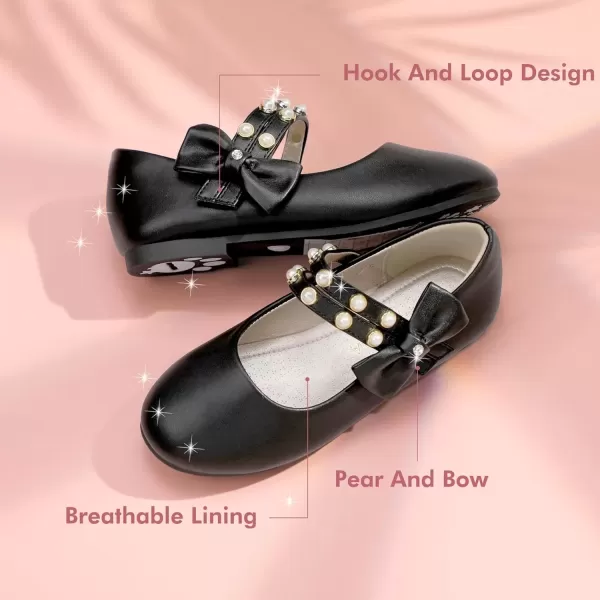 imagePANDANINJIA Toddler Girls Dress Shoes Pearls Bow Ballet Flats Flower Girl Shoes for Wedding Party School Communion ShoesBlack Pu
