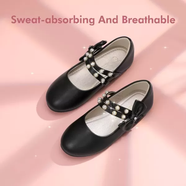 imagePANDANINJIA Toddler Girls Dress Shoes Pearls Bow Ballet Flats Flower Girl Shoes for Wedding Party School Communion ShoesBlack Pu