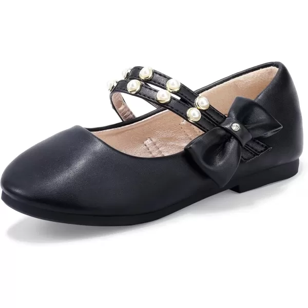 imagePANDANINJIA Toddler Girls Dress Shoes Pearls Bow Ballet Flats Flower Girl Shoes for Wedding Party School Communion ShoesBlack Pu