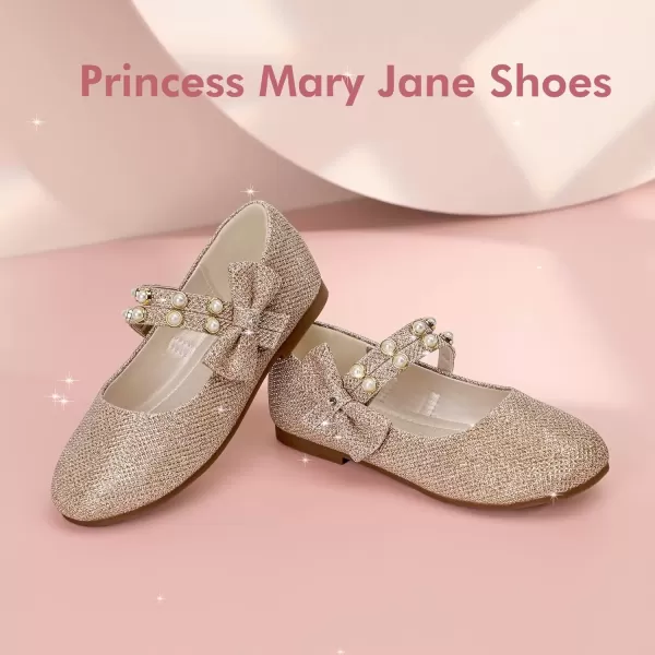imagePANDANINJIA Toddler Girls Dress Shoes Pearls Bow Ballet Flats Flower Girl Shoes for Wedding Party School Communion ShoesGold Glittler
