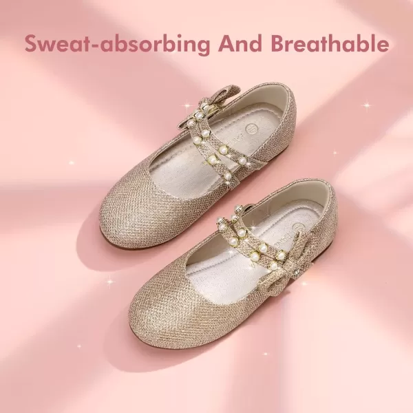 imagePANDANINJIA Toddler Girls Dress Shoes Pearls Bow Ballet Flats Flower Girl Shoes for Wedding Party School Communion ShoesGold Glittler