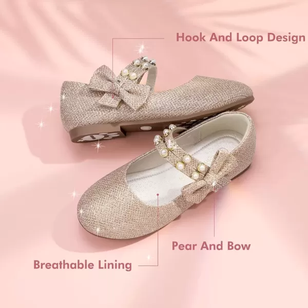 imagePANDANINJIA Toddler Girls Dress Shoes Pearls Bow Ballet Flats Flower Girl Shoes for Wedding Party School Communion ShoesGold Glittler