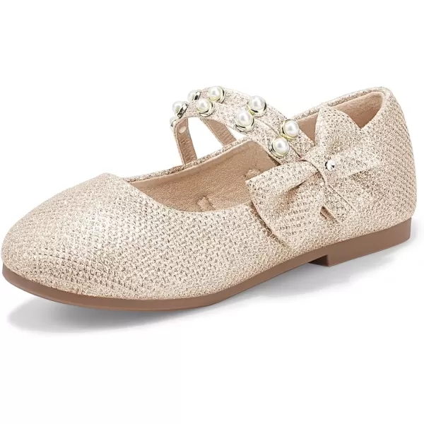 imagePANDANINJIA Toddler Girls Dress Shoes Pearls Bow Ballet Flats Flower Girl Shoes for Wedding Party School Communion ShoesGold Glittler